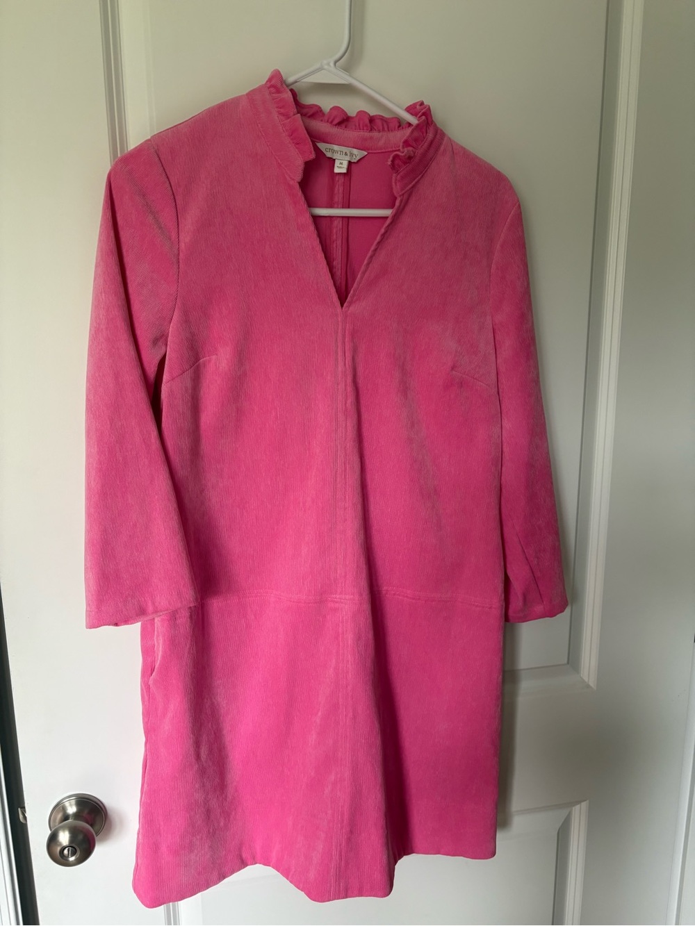 crown & ivy Bright Pink Ruffle-Trim Long Sleeve Shift Dress size medium